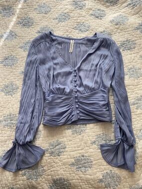 ANTHROPOLOGIE flutter sleeve smocked satin blouse in dusty blue XS